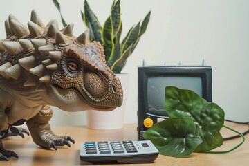 ankylosaurus using a calculator to do taxes on a desk