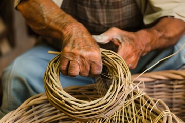 craftsman weaving a basket from wicker - obrazy, fototapety, plakaty