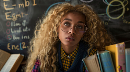 A concerned student stands in front of a chalkboard filled with complex equations.