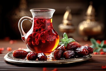 a cup tea and dates on plate for ramadan iftar style professional advertising food photography