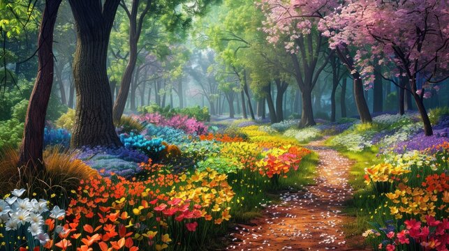 A spring forest fantasy featuring wild plants and shady flowering trees.