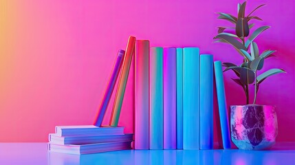 World Book Day Celebration. 3D Render, Many Stacks of Books on a Table Pink and Purple Abstract   Gradient Background.