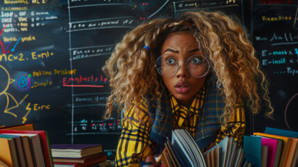 A concerned student stands in front of a chalkboard filled with complex equations.
