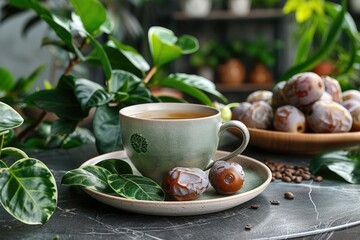 a cup tea and dates on plate for ramadan iftar style professional advertising food photography