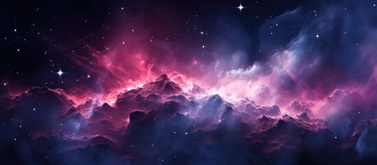 A breathtaking scene of a purple and blue galaxy with mountains in the background, surrounded by fluffy cumulus clouds and a violet atmosphere
