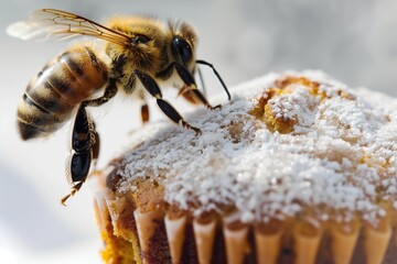 a bee navigating the sugardusted top of a muffin