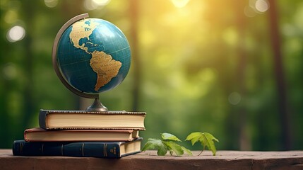 World Book Day Celebration. Earth Globe on the Stack of Books Blurry Forest Background with Copy...