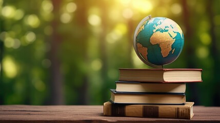 World Book Day Celebration. Earth Globe on the Stack of Books Blurry Forest Background with Copy Space for Text. Happy Book Day Banner or Poster