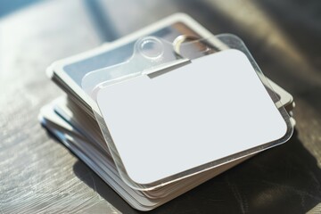 blank plastic nametag on a stack of business cards