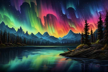 Foto auf Acrylglas a colorful northern lights over a lake © Iurie
