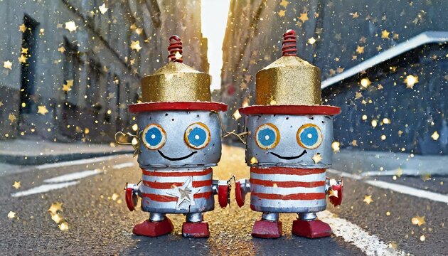 Deux petits robots en boite de conserve, bandes de peinture blanches et rouges, étoiles