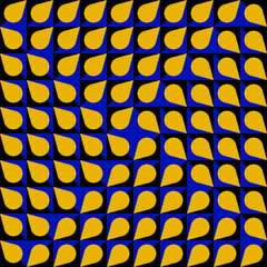 Yellow drops on blue-black cells. It seems that drops are flying in different directions across the square. Optical illusion background. Can be used as frames.