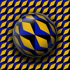 Sphere on surface with black blue golden geometric pattern seems to be moving. Optical illusion illustration.