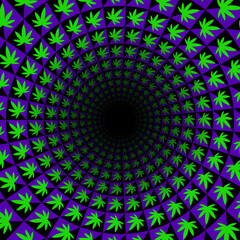 Circular pattern of hemp leaf shapes. It seems that they spin slowly around black hole. Optical illusion background for music party poster design.