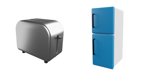 3d bread toaster, fridge. 3d render icon pack. High quality render. Transparent background
