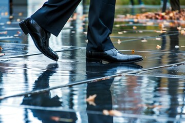 Fototapeta premium wet shoes of a businessman walking on the reflective wet sidewalk
