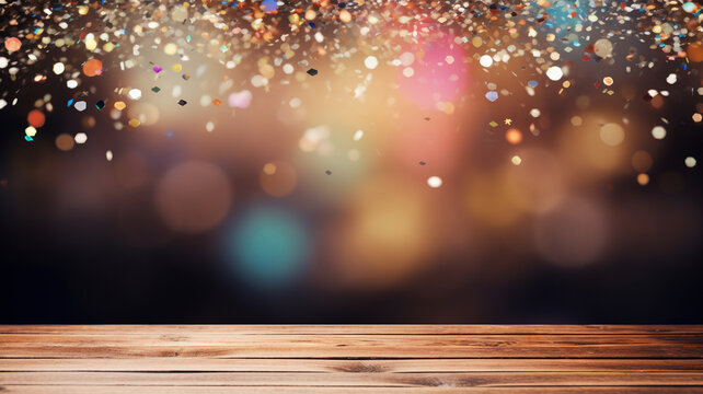 empty wooden table with a festive confetti background