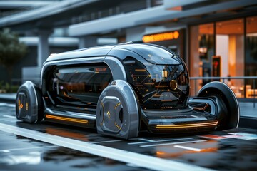 A futuristic car is cruising down a street next to a modern building, showcasing its advanced...