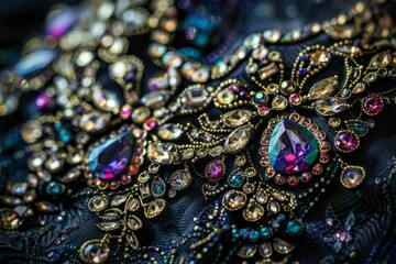 A detailed close-up of a piece of cloth adorned with shimmering beads, showcasing its intricate design and texture - obrazy, fototapety, plakaty