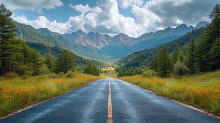Road passes high in the Mountains - obrazy, fototapety, plakaty