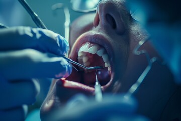 A dentist is closely examining a persons teeth using tools like a dental mirror and probe during a dental check-up - obrazy, fototapety, plakaty