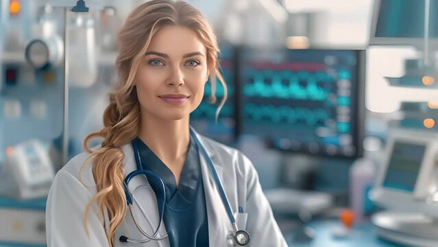 A female medical professional with a stethoscope stands in a modern hospital room equipped with advanced monitoring equipment. Female Doctor in High-Tech Hospital Laboratory Room. Loop Infinite, bucle