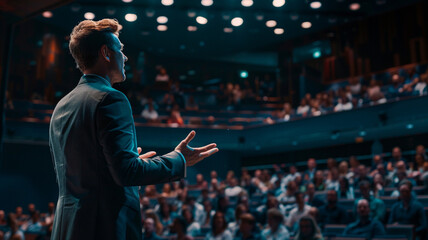 businessman speaking on stage in front of an audience - obrazy, fototapety, plakaty