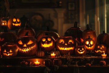 A group of carved pumpkins illuminated by candlelight sitting on a table, showcasing the spooky Halloween decor