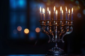 A traditional Hanukkah menorah with multiple lit candles, symbolizing the celebration of the Jewish holiday