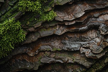 Detailed view of a tree trunk covered in green moss, showcasing the natural texture and pattern of...