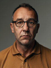 Obraz premium A serious-looking man with glasses and a slight frown wears a warm amber polo shirt against a grey studio backdrop
