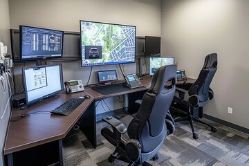 A room filled with multiple computers and monitors displaying real-time data. Operators oversee autonomous vehicle operations in this bustling remote monitoring center