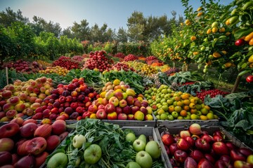 Various fresh fruits and vegetables displayed in separate bins at a market or grocery store - obrazy, fototapety, plakaty