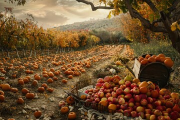 A field filled with ripe oranges growing abundantly next to a tall tree in a farm setting