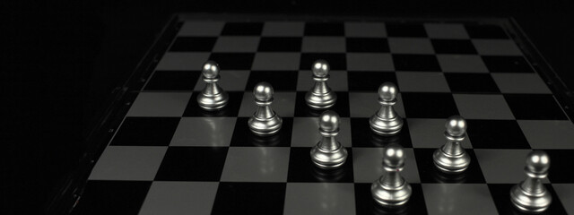 a black and white banner with a place for the inscription chessboard and chess pieces