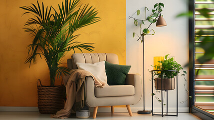 Interior of stylish living room with armchair, plants and lamp