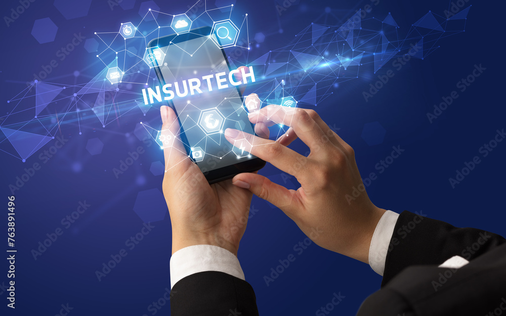 Aufkleber hand using smartphone with technology concept