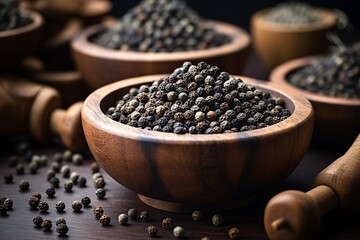 a group of bowls of black and white peppercorns - obrazy, fototapety, plakaty