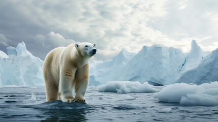 Polar bears standing on ice live in the Arctic.