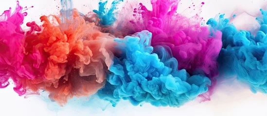 Fotobehang A colorful swirl of purple, pink, violet, and magenta smoke rises from the water against a white background, resembling a natural art piece made of electric blue petals and organic material © 2rogan