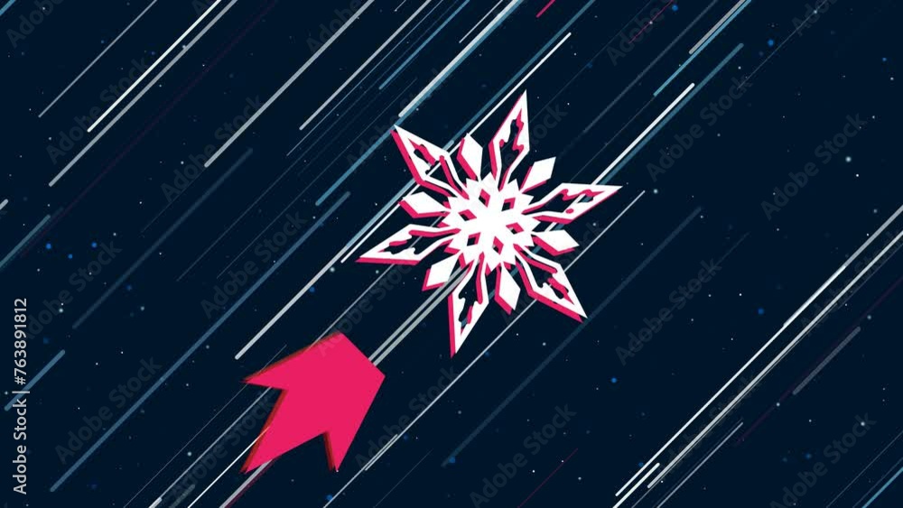 Poster snowflake flies through the universe on a jet propulsion. the symbol in the center is shaking due to