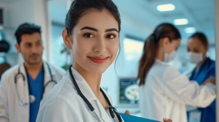 A smiling woman in a white lab coat stands confidently with her arms crossed, flanked by medical colleagues.