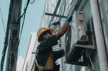 A worker in a hard hat is fixing an air conditioner on a building facade