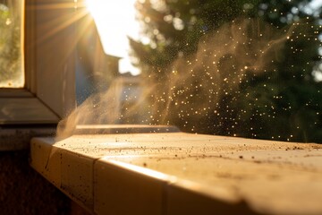 dust particles visible in sunlight while dusting - obrazy, fototapety, plakaty