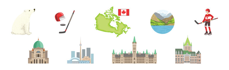 Obraz premium Travel to Canada Famous Landmark Colorful Vector Set