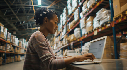 A woman with a laptop computer is seated at a desk in a warehouse