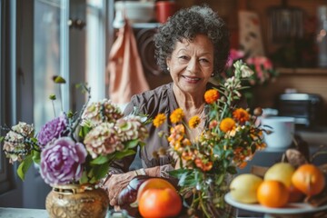 Radiant Senior Lady in a Sunlit Kitchen Embracing Life - Generative AI