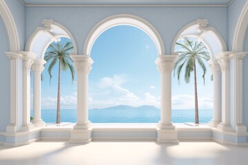 a room with columns and palm trees
