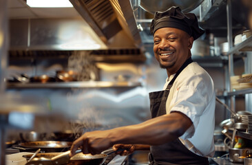 A chef in a cook hat smiles while preparing food using a gas kitchen appliance