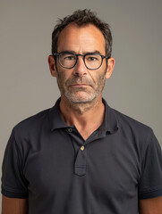 Obraz premium Portrait of a mature man with stubble and a sharp gaze, wearing a black polo against a soft background